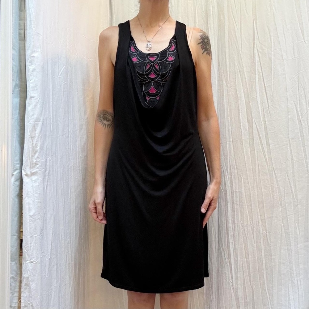 Akiko Black and Pink Cowl Neck Layered Dress Silk Applique Small Unique Artsy